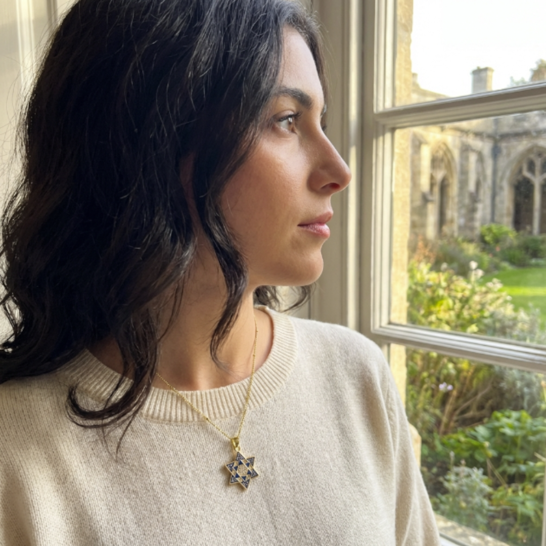Unique Blue and Gold Star of David Necklace
