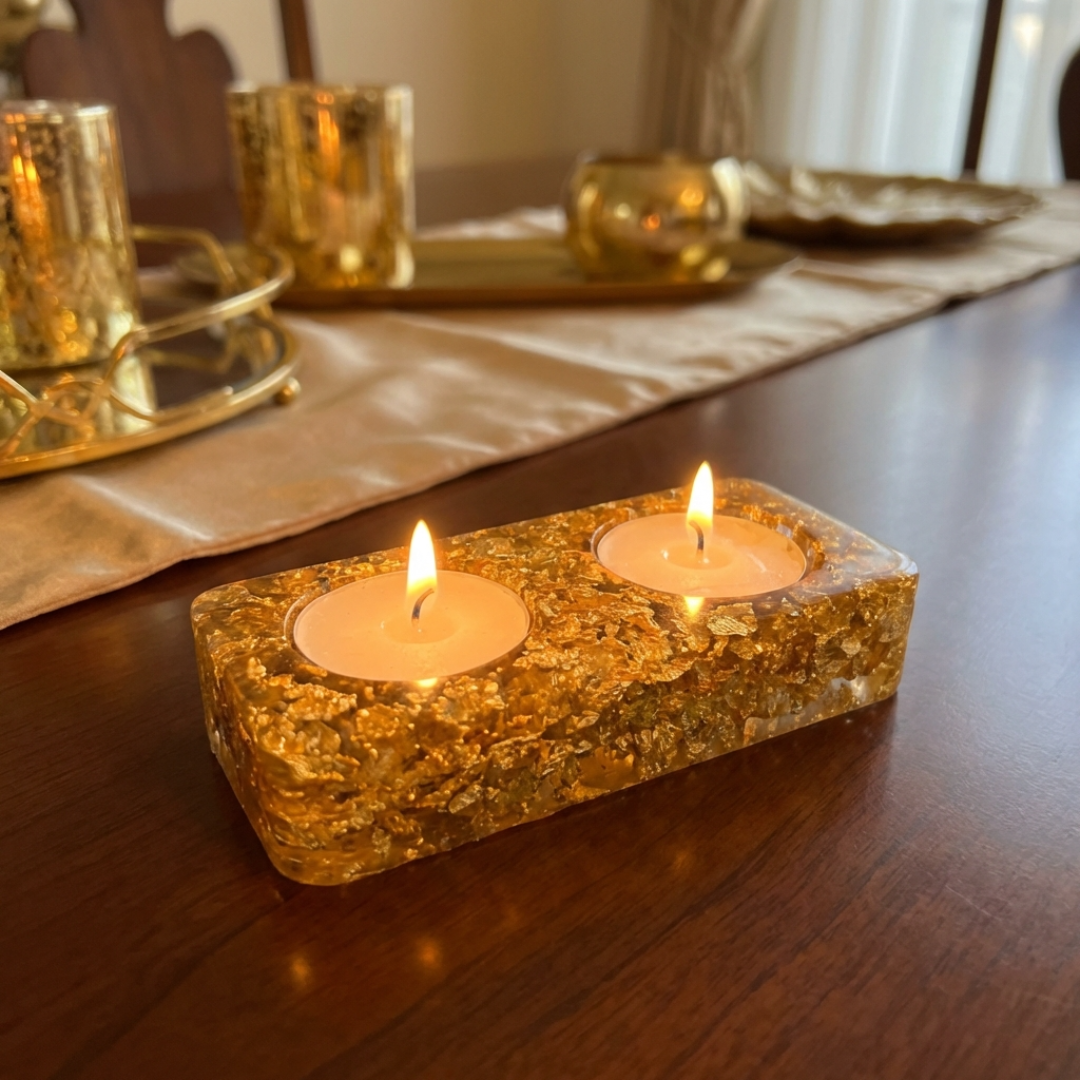 Handmade Gold Flake Resin Tea Light Holders for Shabbat Candles