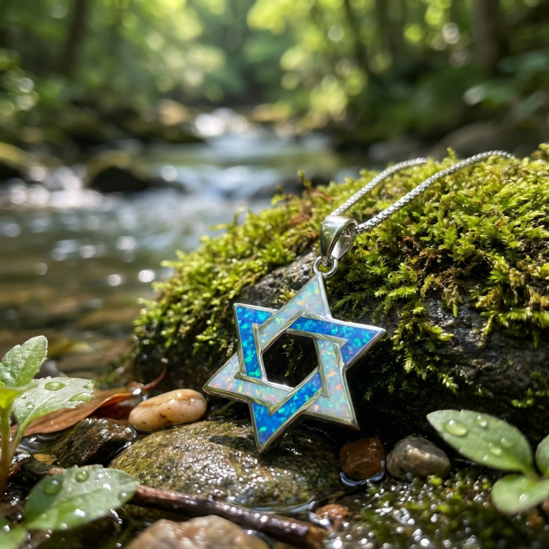 Blue and White Opal Star of David Necklace