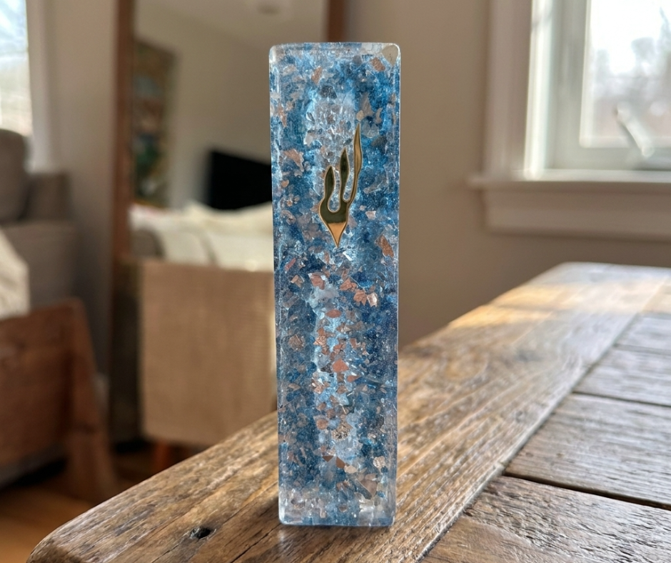 Ocean Blue Resin Mezuzah Case with Mother of Pearl – 6” Handmade Judaica