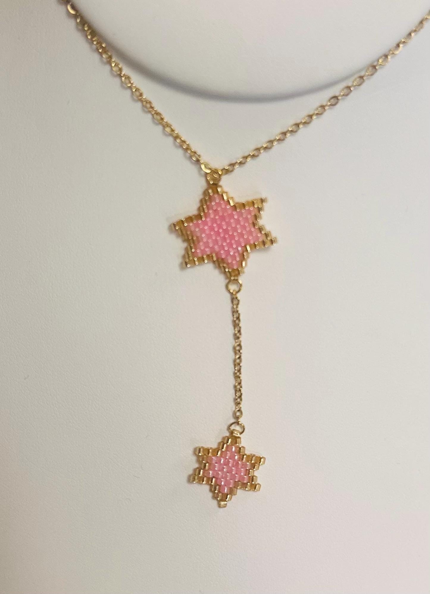 Boho Double Star Necklace – Handmade Jewish Jewelry with Beads – Fun Bat Mitzvah or Holiday Gift