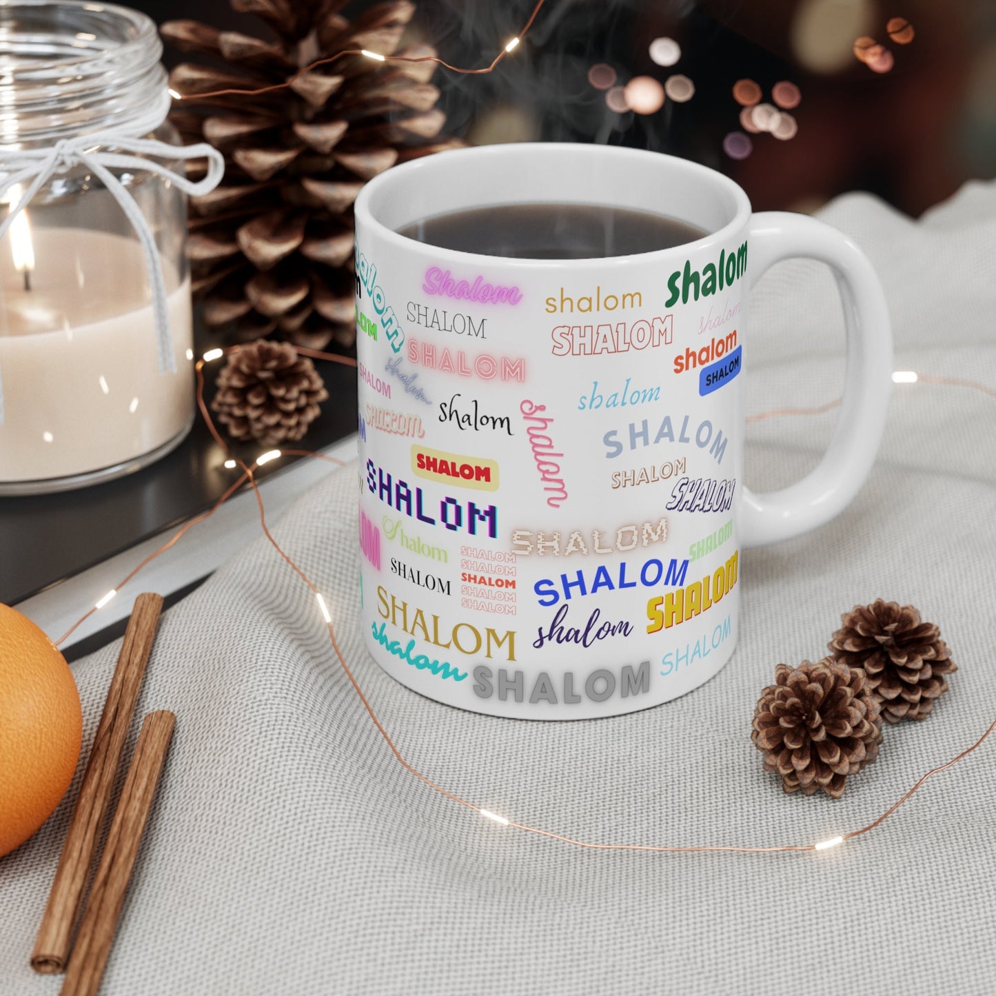 Shalom All Over Ceramic Mug, Jewish Pride and Judaica, Israel-Inspired Design