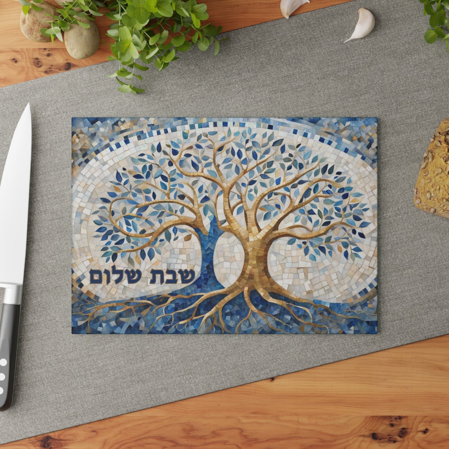 Challah Board – Shabbos Shabbat Tray with Shalom Hebrew, Tempered Glass Jewish Wedding Gift, Judaica for Shabbat Table