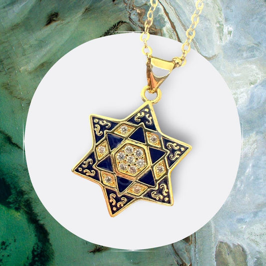Blue and Gold Star of David Necklace
