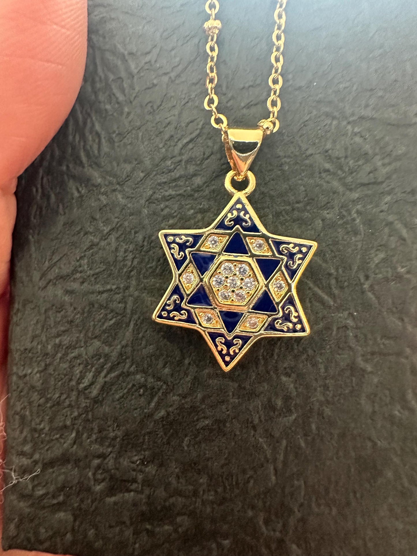 Blue and Gold Star of David Necklace
