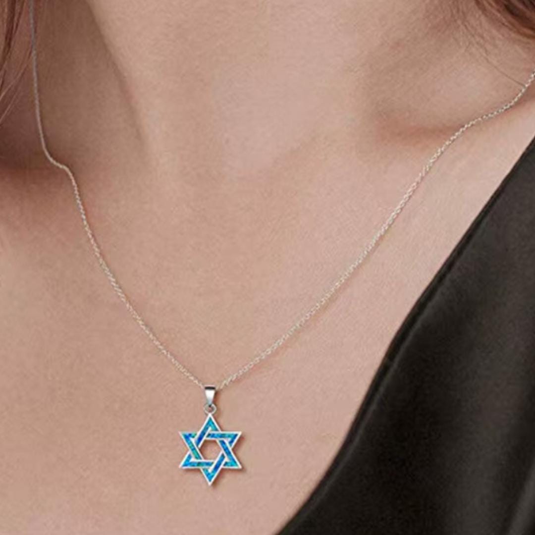 Blue and Silver Star of David Necklace