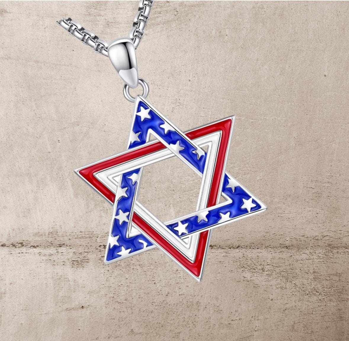 Star of David Necklace – Opal American Flag Judaica Jewelry in Sterling Silver