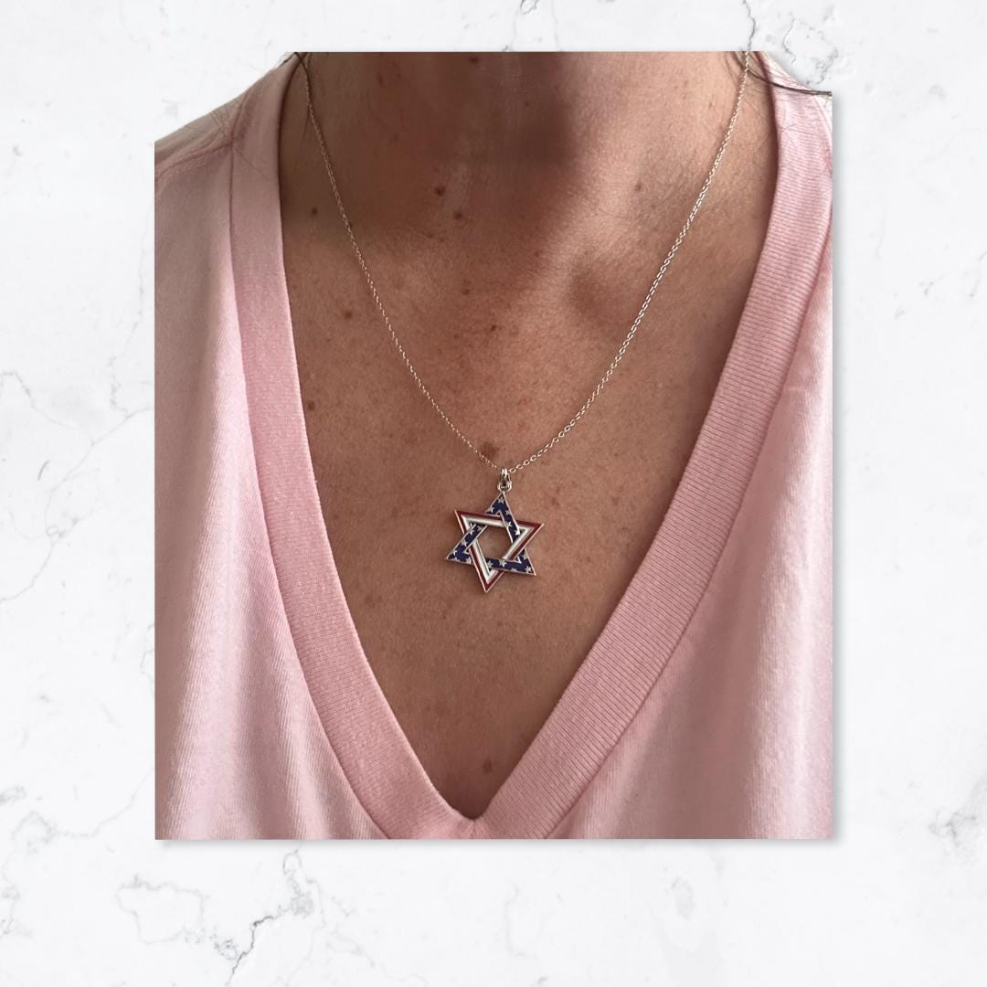 Star of David Necklace – Opal American Flag Judaica Jewelry in Sterling Silver