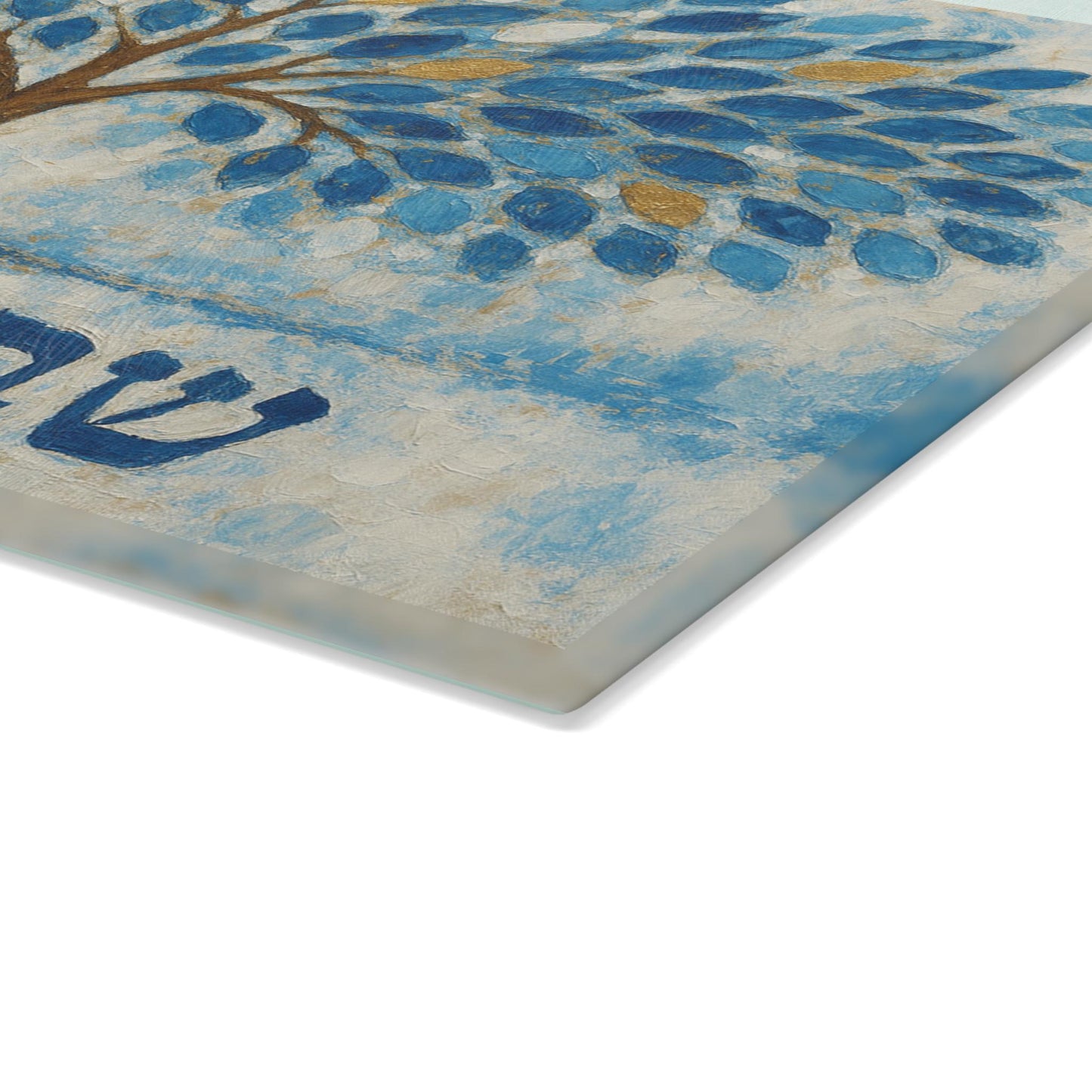 Blue Tree of Life Challah Board – Painted Shabbat Shalom in Hebrew – Glass Judaica Gift for Shabbos