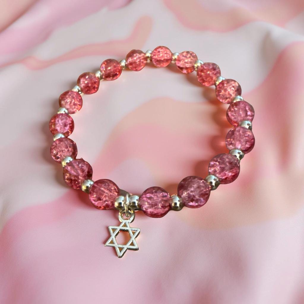Jewish Beaded Bracelet with Star of David – Bat Mitzvah Gift, Stackable Lava Stone Stretch Bracelet