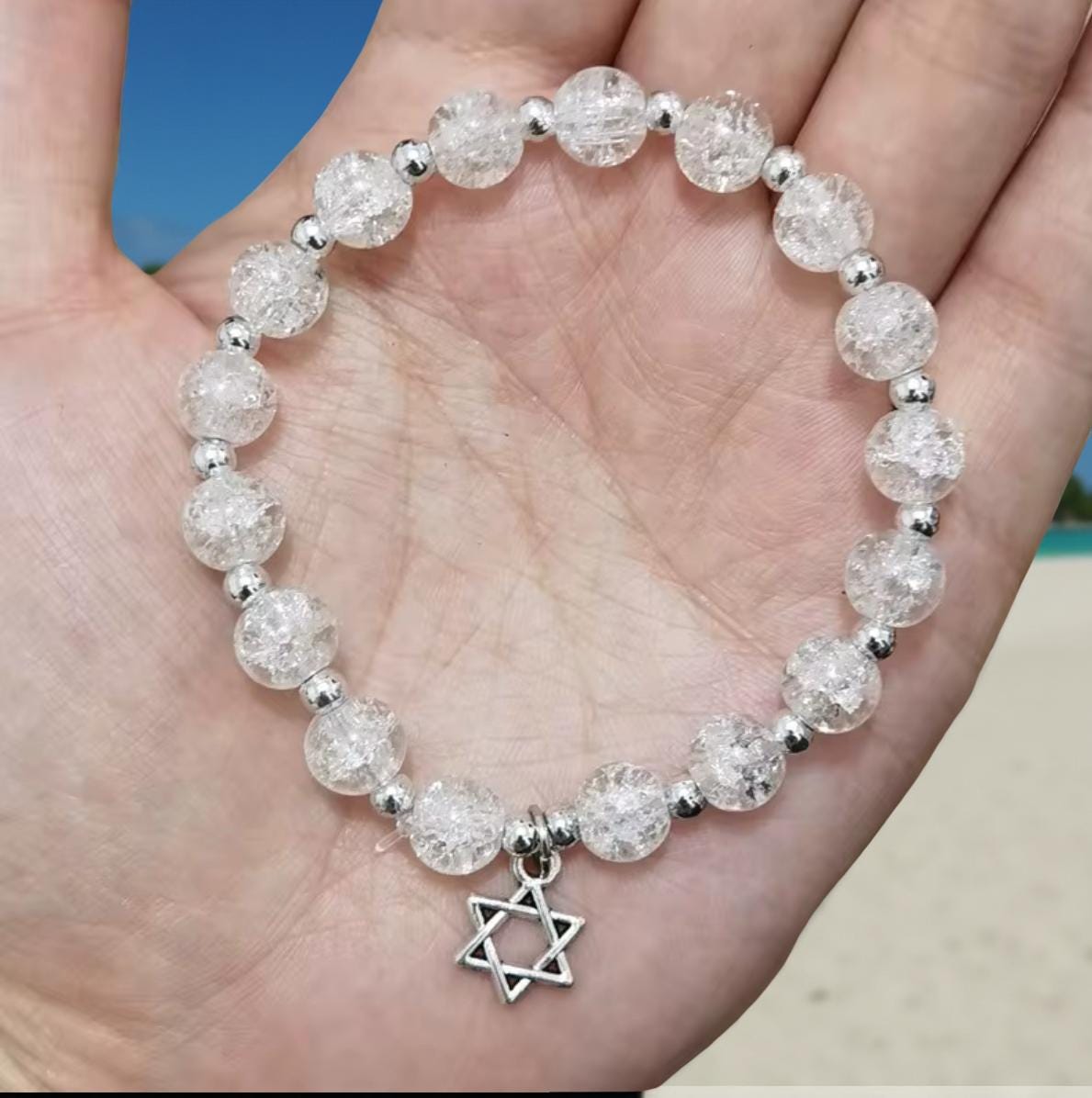 Jewish Beaded Bracelet with Star of David – Bat Mitzvah Gift, Stackable Lava Stone Stretch Bracelet