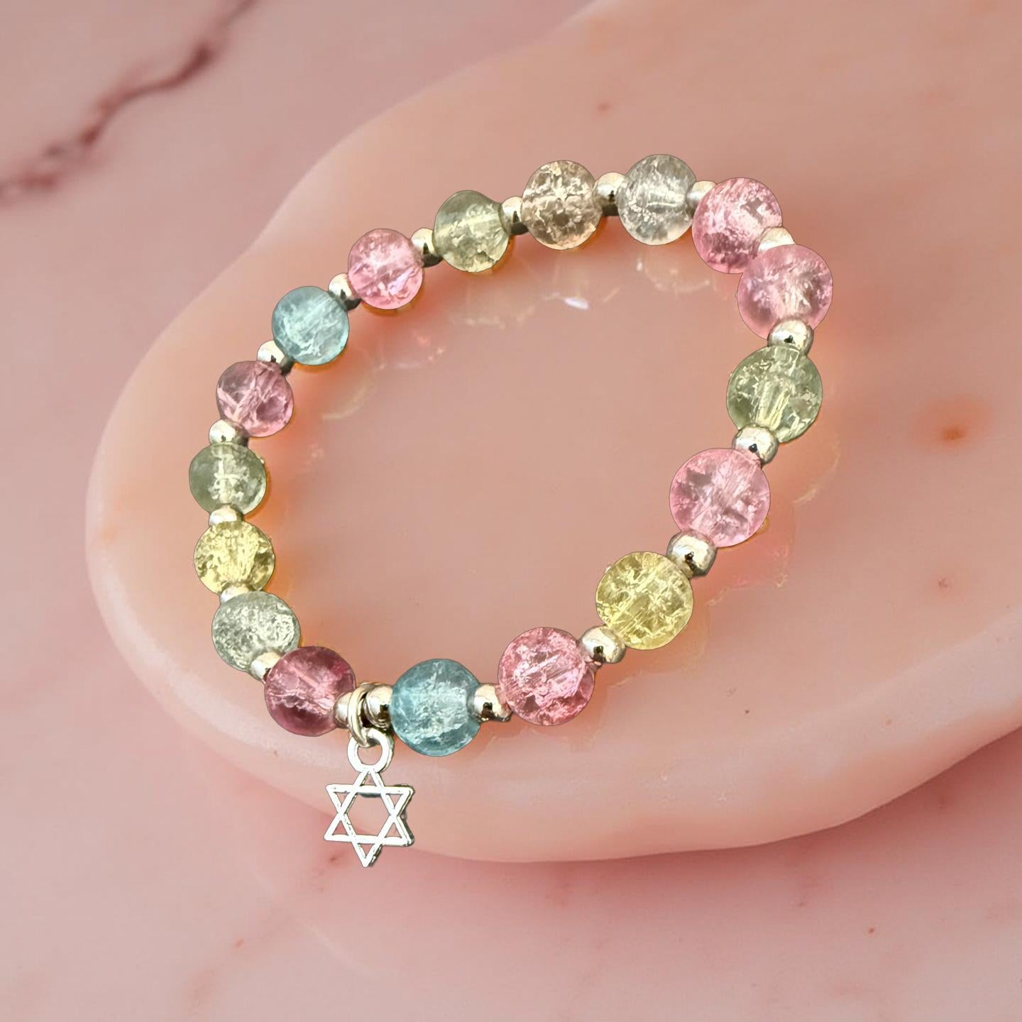 Jewish Beaded Bracelet with Star of David – Bat Mitzvah Gift, Stackable Lava Stone Stretch Bracelet
