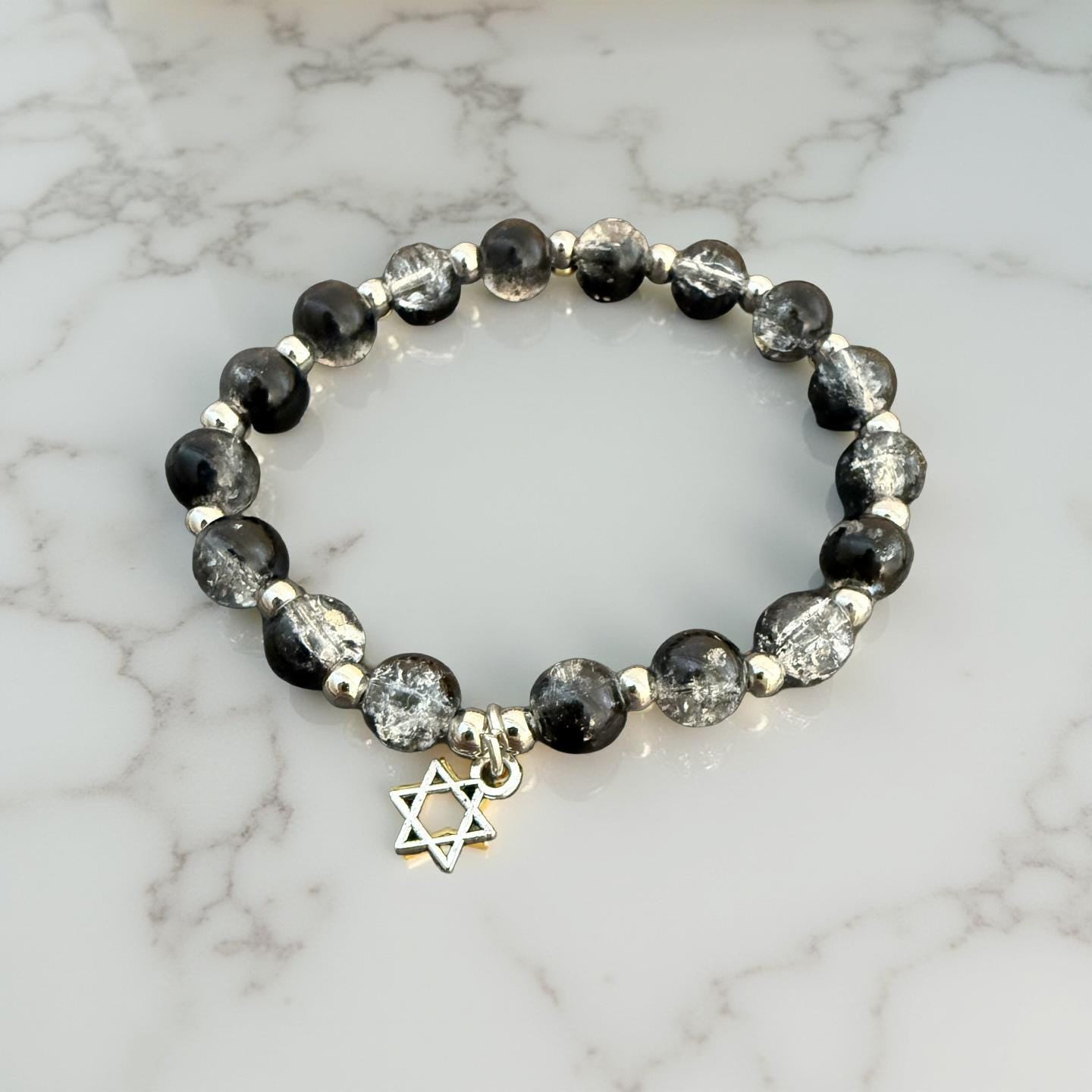 Jewish Beaded Bracelet with Star of David – Bat Mitzvah Gift, Stackable Lava Stone Stretch Bracelet