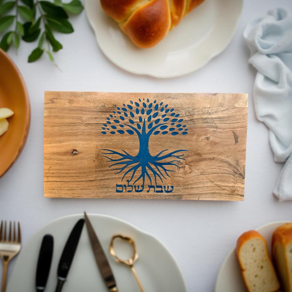 Rustic Challah Board with Blue Resin – “Shabbat Shalom” & Tree of Life Design