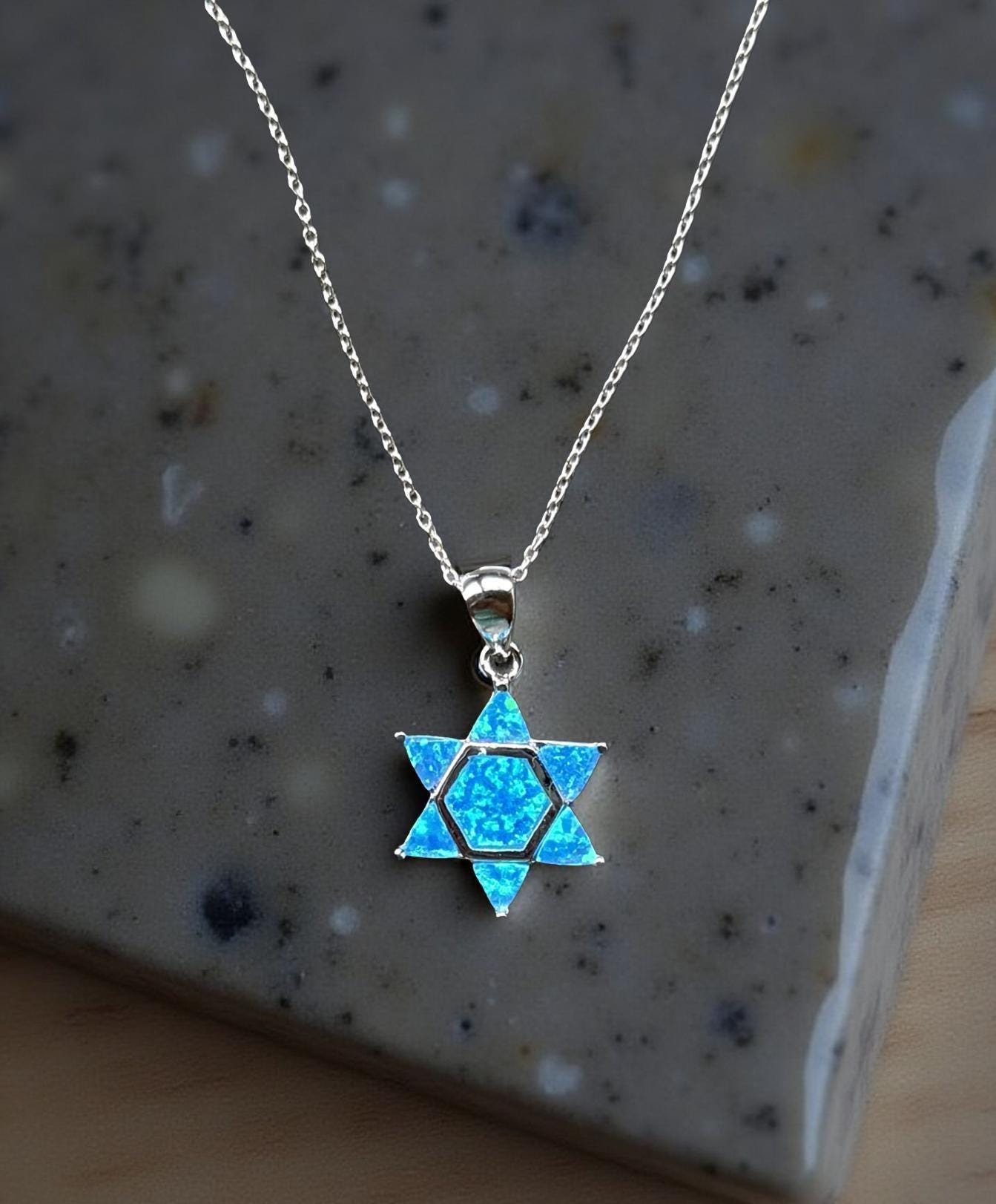 Blue Opal Star of David Necklace – Sterling Silver Jewish Jewelry Gift – Modern Bat Mitzvah or Hanukkah Judaica Pendant
