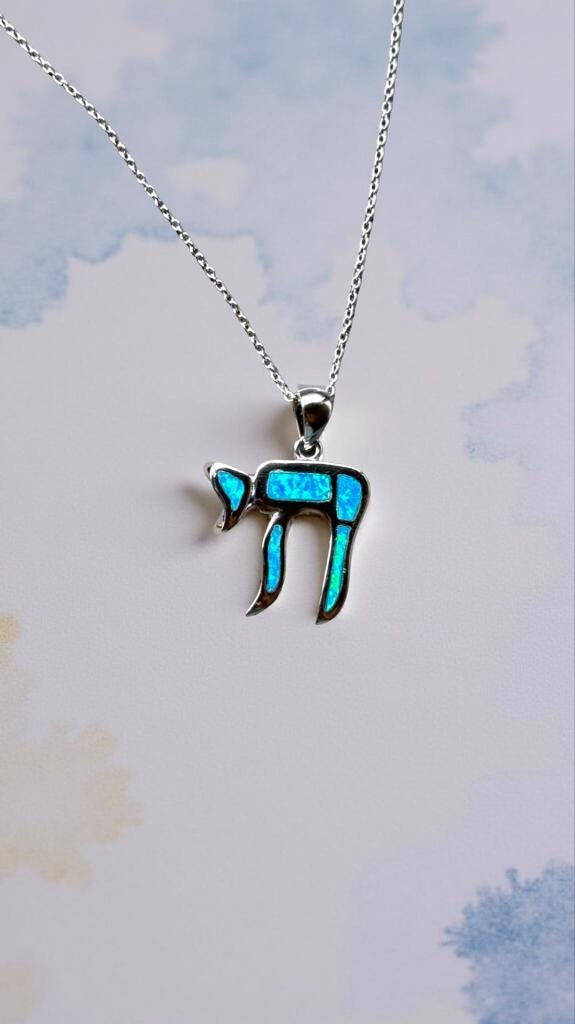 Blue Opal Chai Necklace – Sterling Silver Jewish Necklace – Hebrew Life Symbol Jewelry – Judaica Gift for Bat Mitzvah or Hanukkah