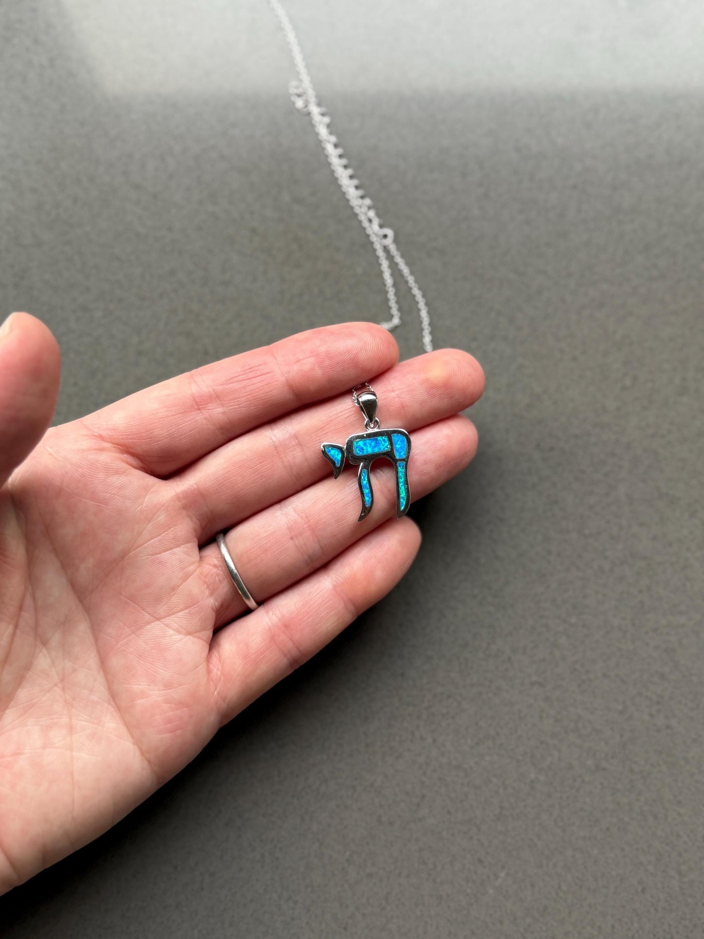 Blue Opal Chai Necklace – Sterling Silver Jewish Necklace – Hebrew Life Symbol Jewelry – Judaica Gift for Bat Mitzvah or Hanukkah