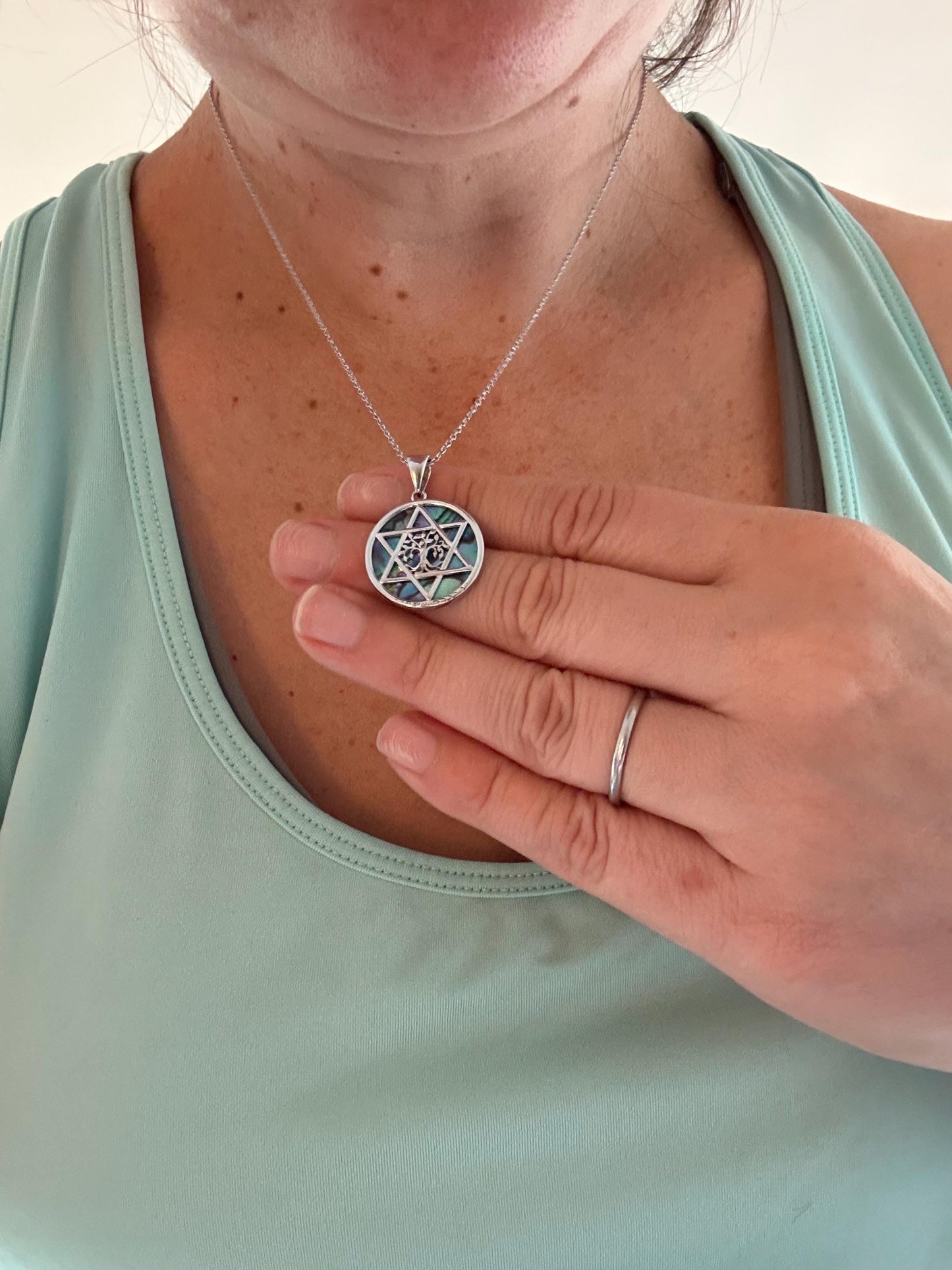 Sterling Silver Abalone Star of David Necklace with Tree of Life & Hebrew Priestly Blessing | Judaica Chai Necklace Gift for Her