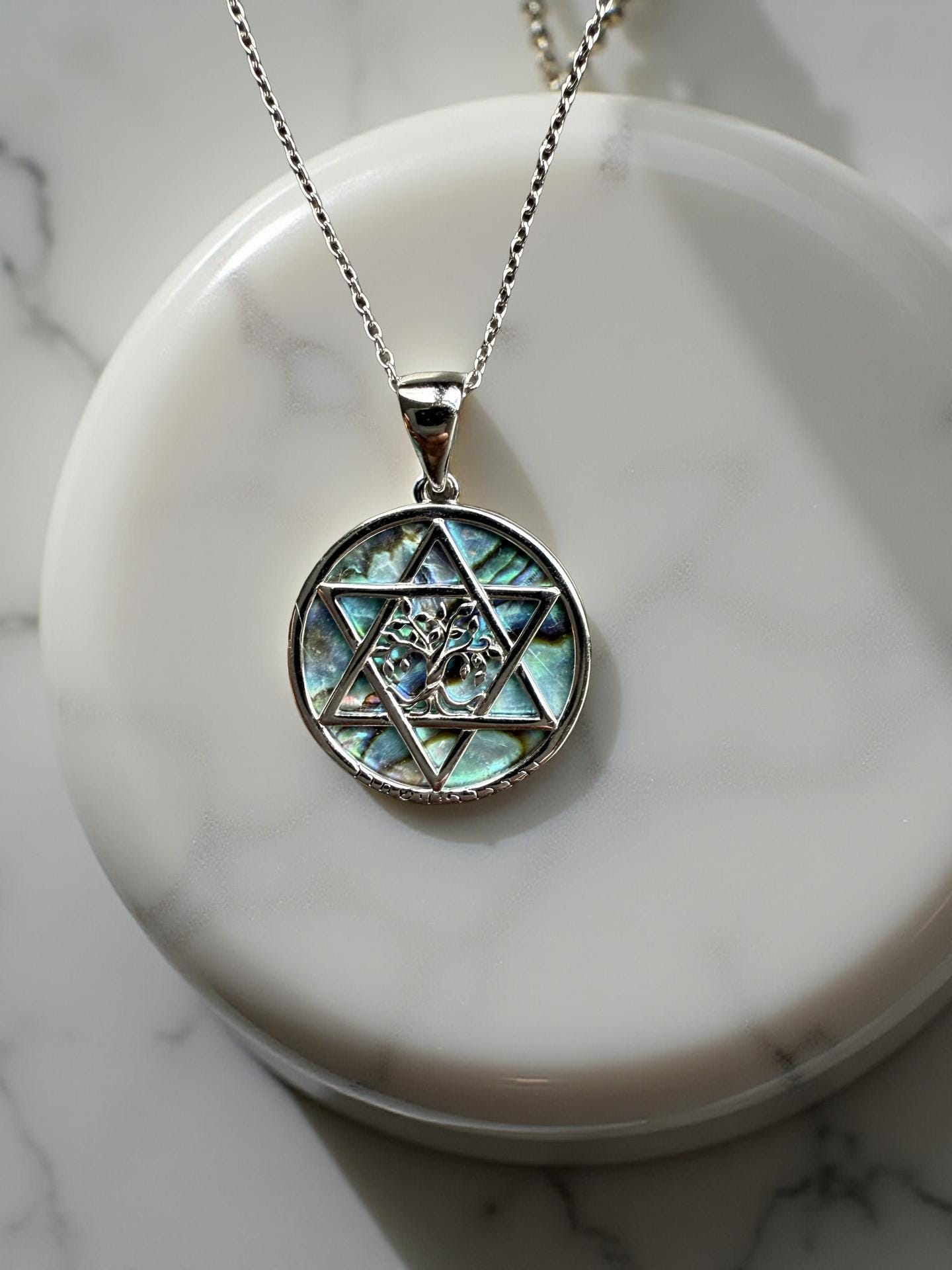 Sterling Silver Abalone Star of David Necklace with Tree of Life & Hebrew Priestly Blessing | Judaica Chai Necklace Gift for Her