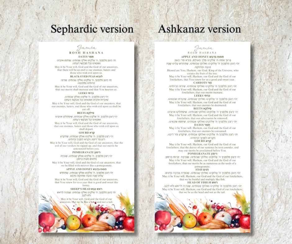 Rosh Hashanah Simanim Cards Set of 12 – Hebrew English Blessings – Laminated Menu – Ashkenazi Sephardic – Jewish Holiday Decor