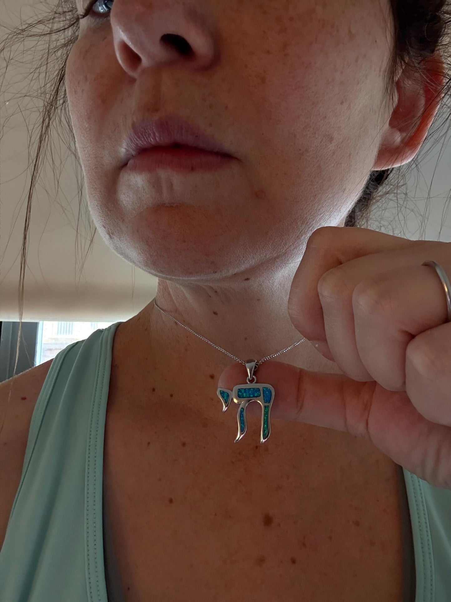 Blue Opal Chai Necklace – Sterling Silver Jewish Necklace – Hebrew Life Symbol Jewelry – Judaica Gift for Bat Mitzvah or Hanukkah