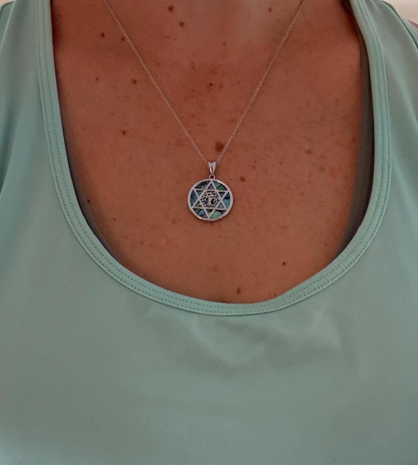 Sterling Silver Abalone Star of David Necklace with Tree of Life & Hebrew Priestly Blessing | Judaica Chai Necklace Gift for Her