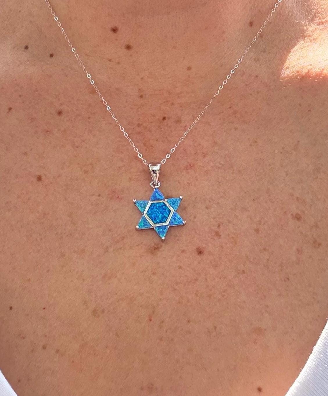 Blue Opal Star of David Necklace – Sterling Silver Jewish Jewelry Gift – Modern Bat Mitzvah or Hanukkah Judaica Pendant