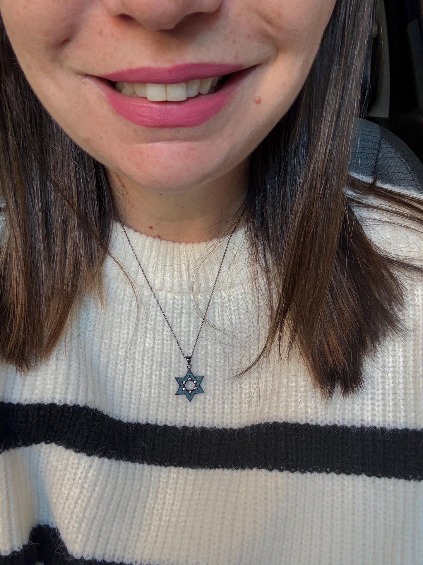 Star of David Necklace with Turquoise – Sterling Silver & Black Chain