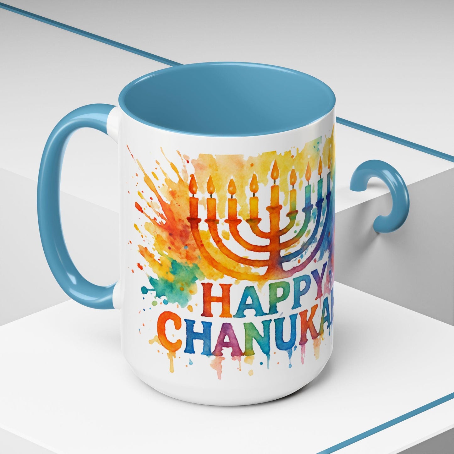 Chanukah Accent Coffee Mug (11, 15oz) - Hanukkah Menorah Cup, Jewish Festival Tea Mug, Hanukkah Celebration Drinkware, Festival of Lights