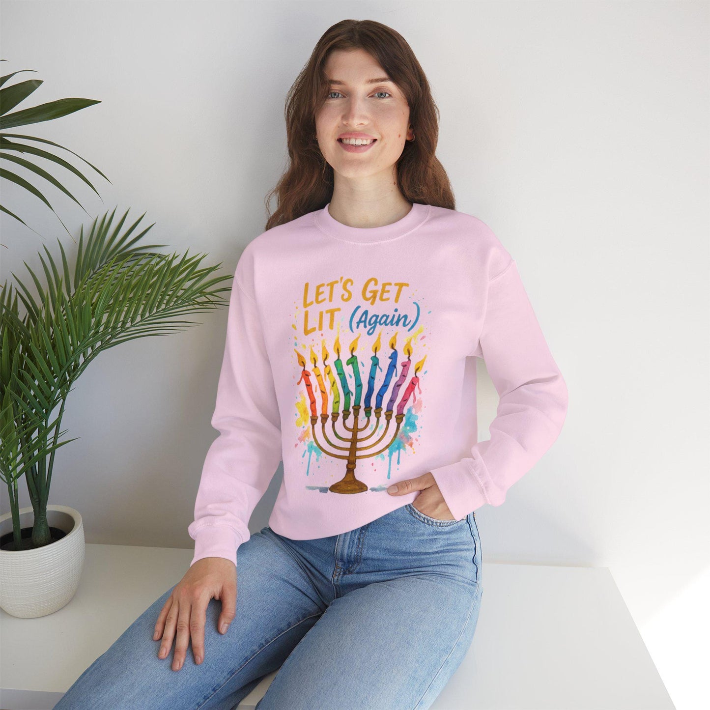 Lets Get Lit Again Chanukah Sweatshirt Funny Jewish Holiday Sweater Watercolor Menorah Hanukkah Gift Judaica Humor Shirt