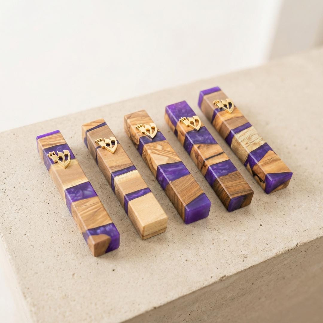 Puple olive wood and resin Mezuzah