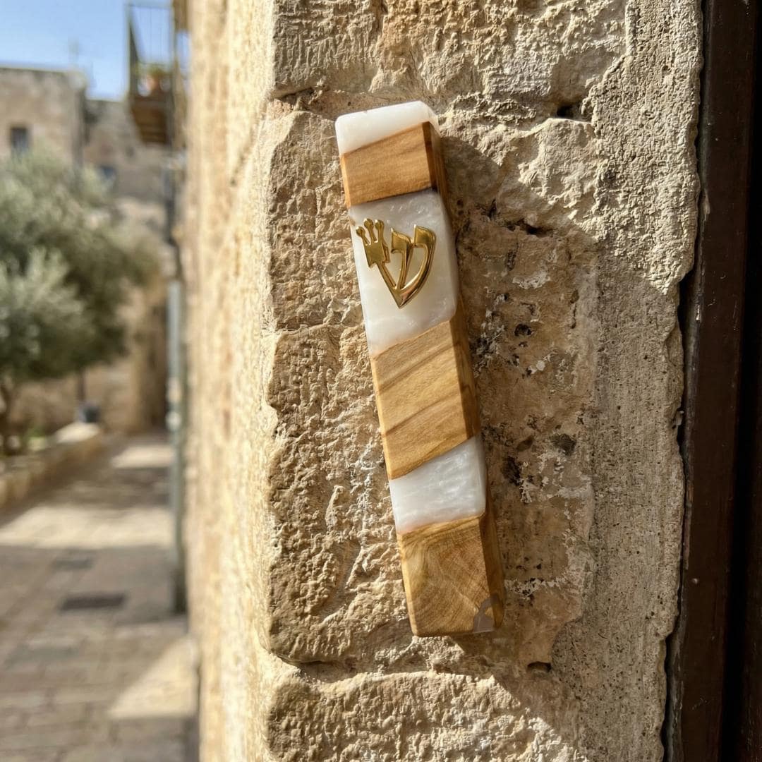 Handcrafted Olive Wood & White Resin Mezuzah – Modern Judaica