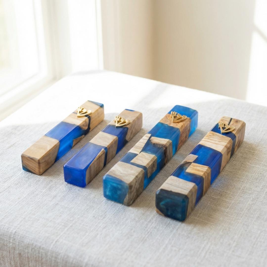 Handcrafted Olive Wood & Blue Resin Mezuzah – Modern Judaica