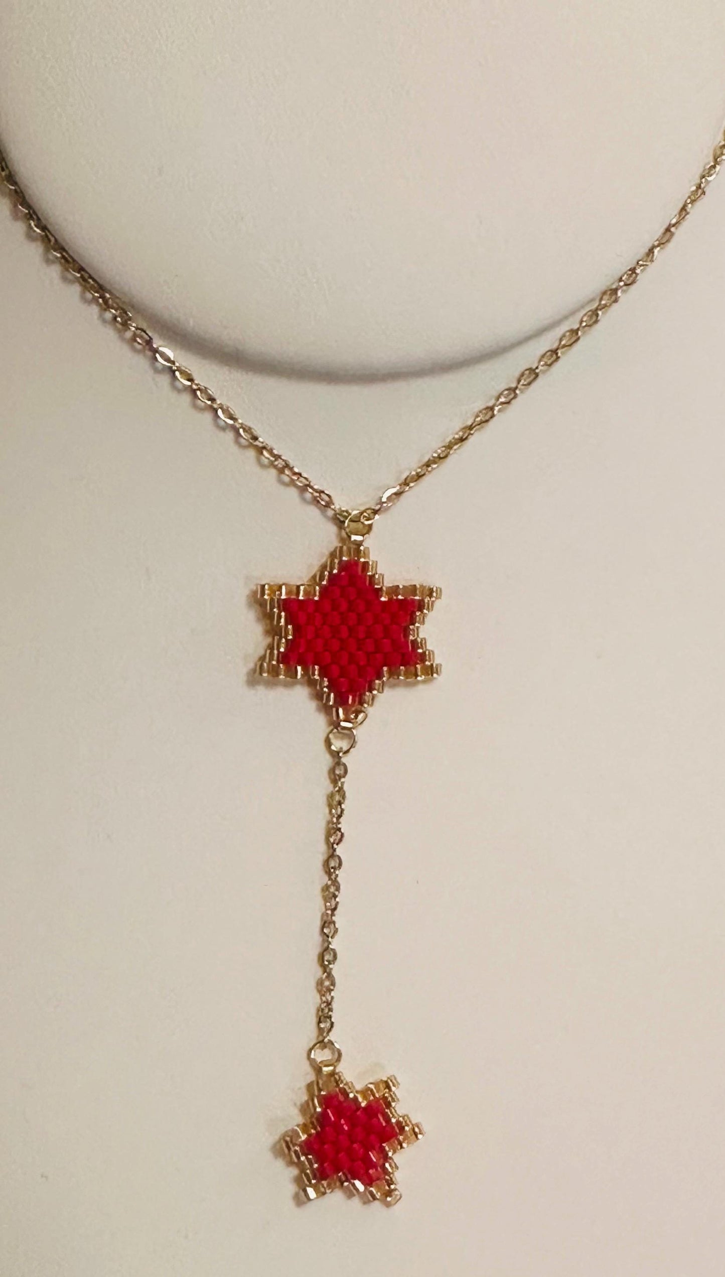 red Boho Jewish necklace with seed beads and Star of David charms