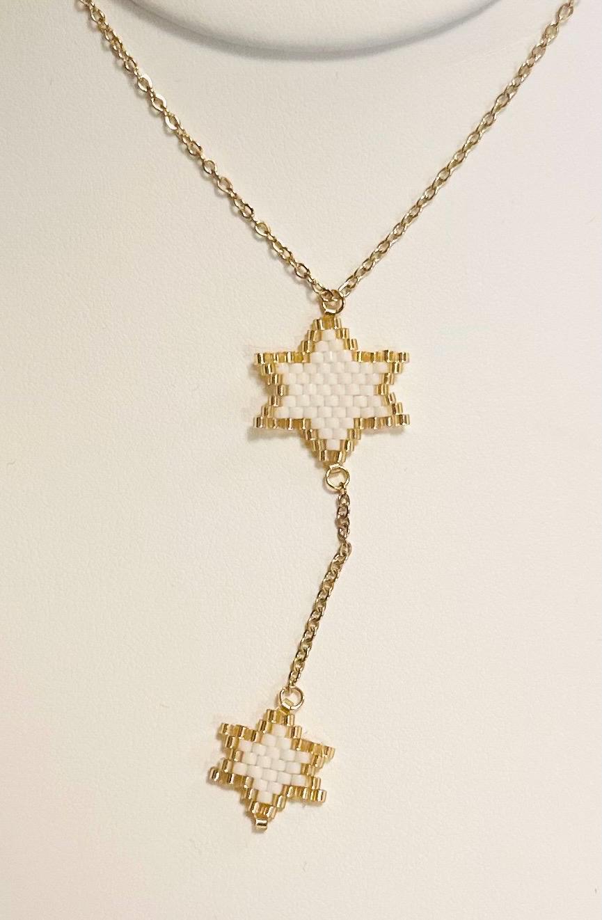 Colorful Star of David necklace made with white Miyuki seed beads on gold chain