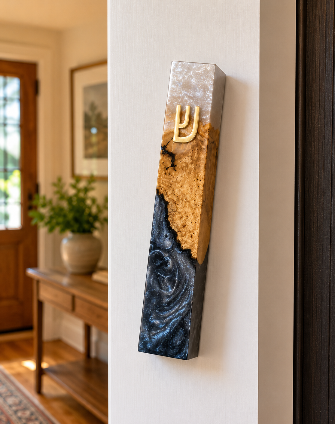 Olive Wood Mezuzah Case with white Resin | Modern Jewish Mezuzah | Handmade Judaica Gift | Black & White Mezuzah for Door