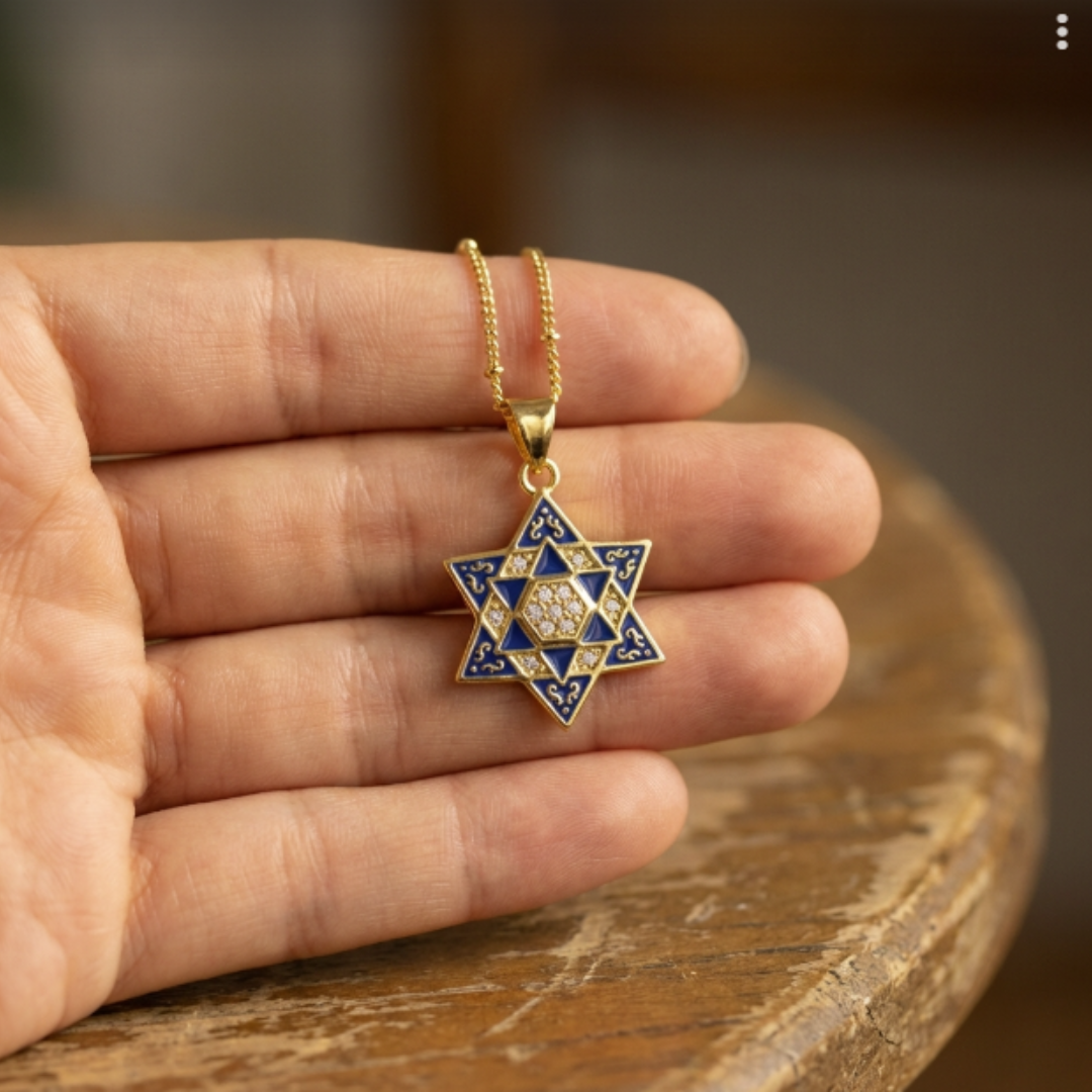 Unique Blue and Gold Star of David Necklace