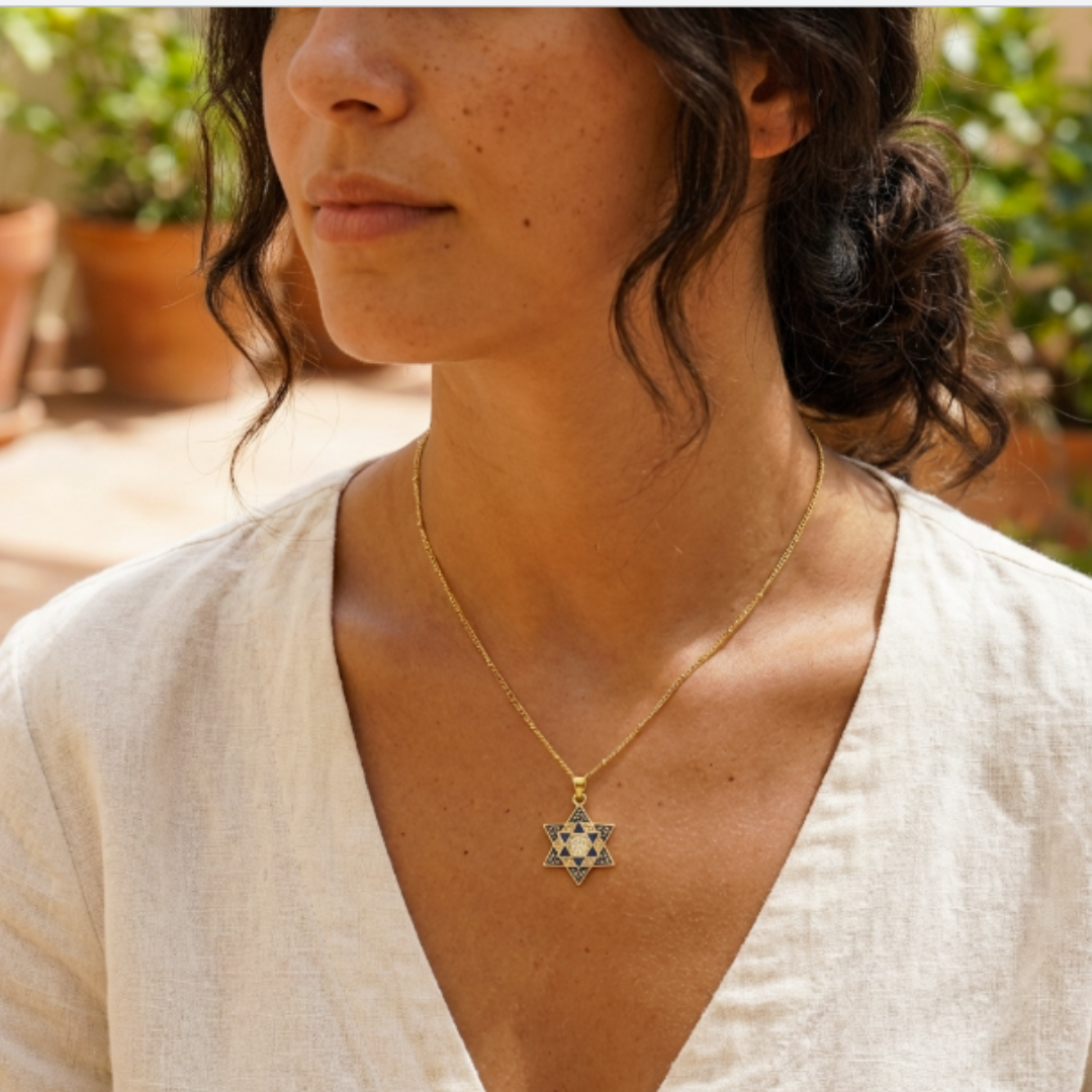 Unique Blue and Gold Star of David Necklace
