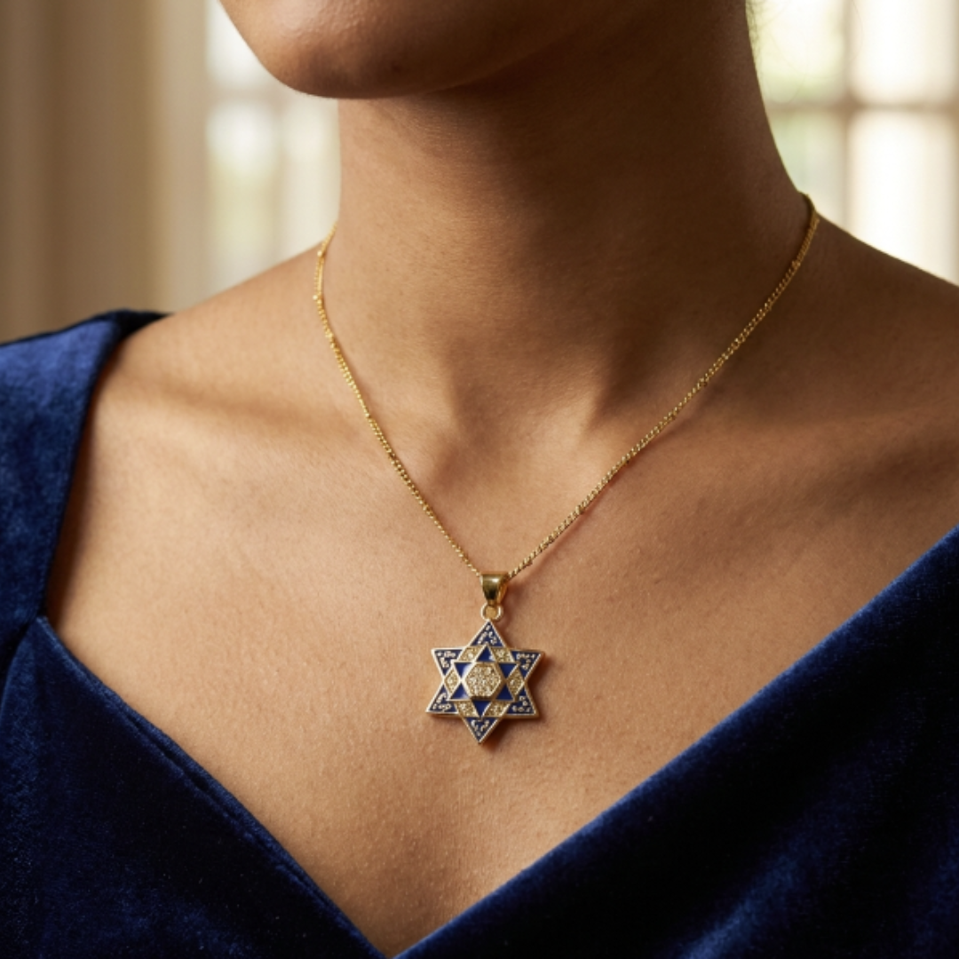 Unique Blue and Gold Star of David Necklace