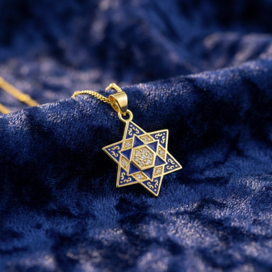 Unique Blue and Gold Star of David Necklace