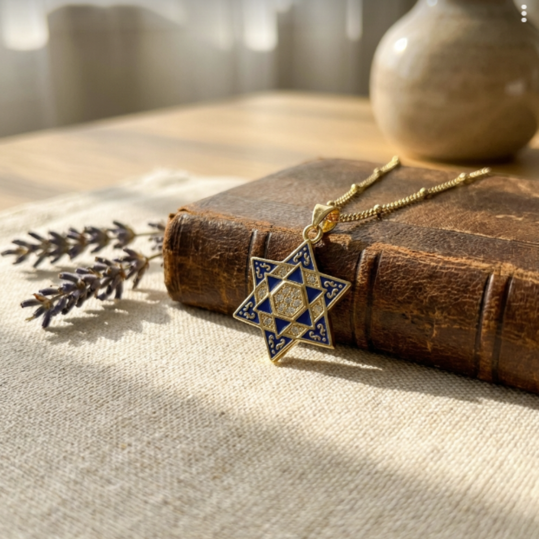Unique Blue and Gold Star of David Necklace