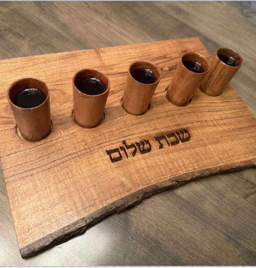 Shabbat Shalom Wooden Kiddush Cup Set | Live Edge Shabbat Wine Cups | Jewish Table Décor