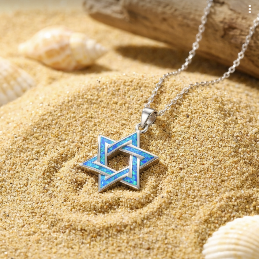 Blue and Silver Star of David Necklace