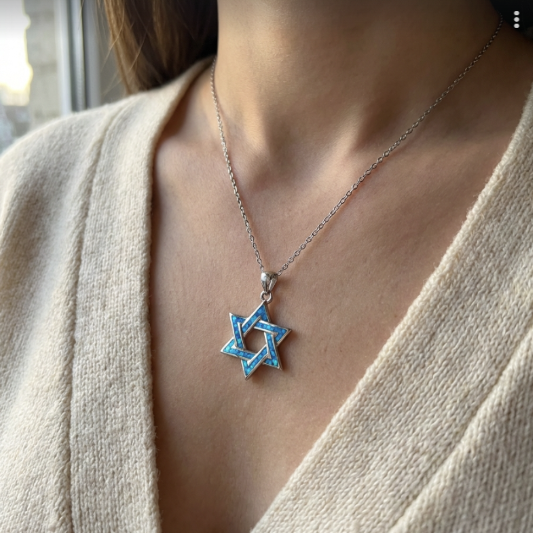 Blue and Silver Star of David Necklace