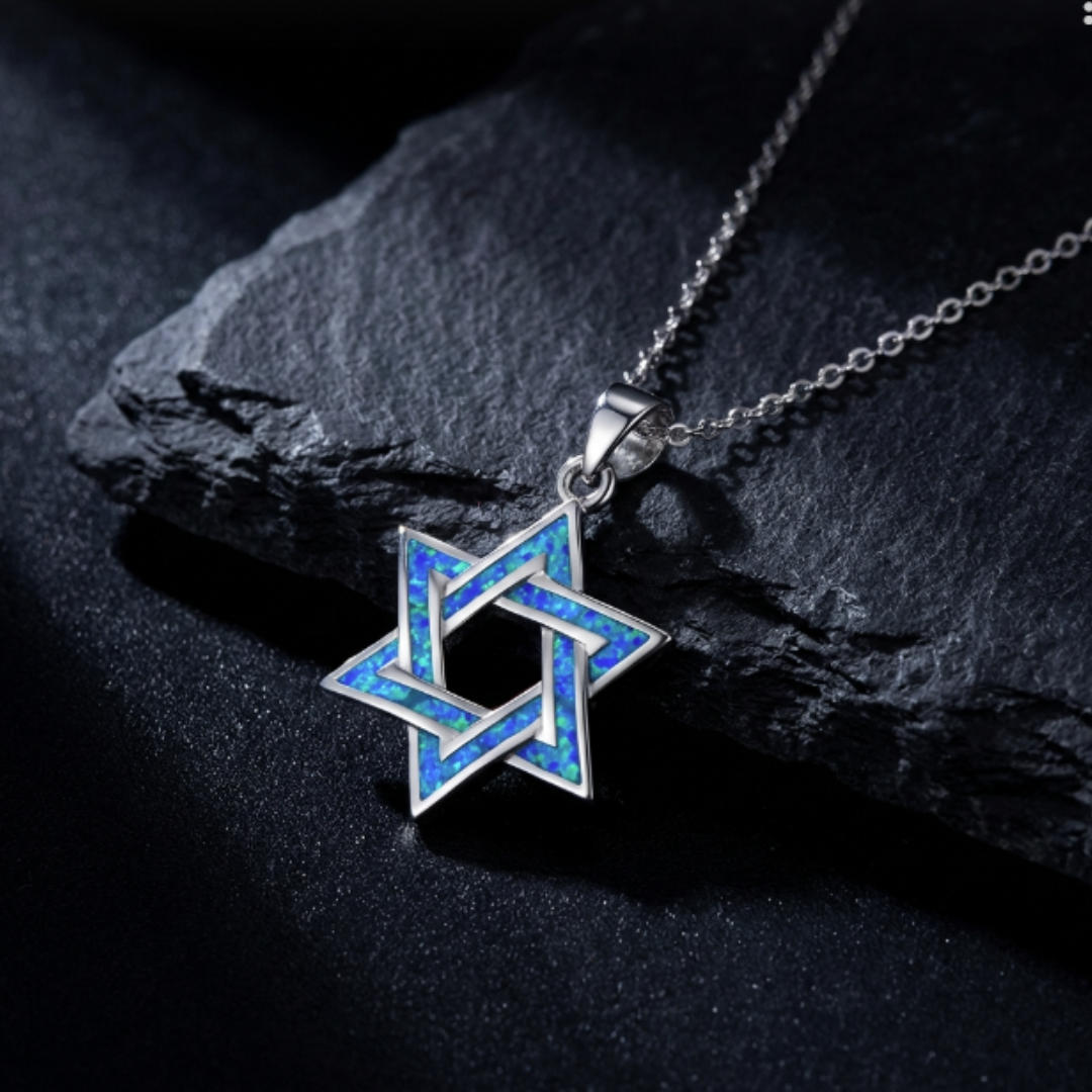 Blue and Silver Star of David Necklace