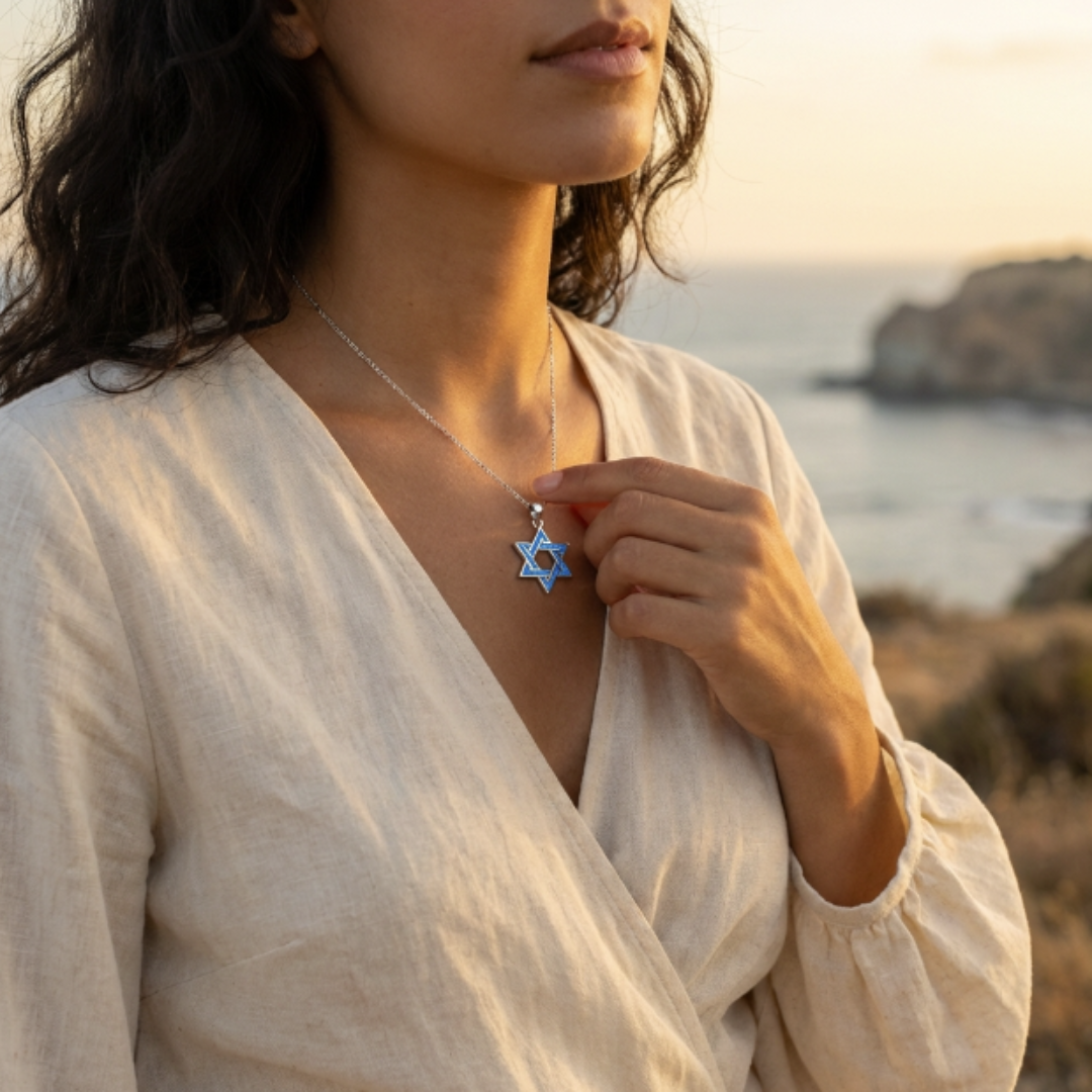 Blue and Silver Star of David Necklace