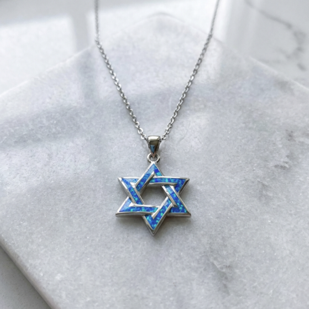 Blue and Silver Star of David Necklace