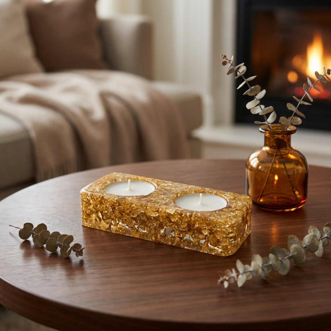 Handmade Gold Flake Resin Tea Light Holders for Shabbat Candles