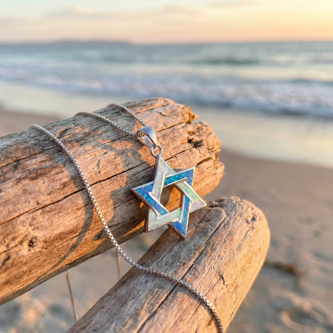 Blue and White Opal Star of David Necklace