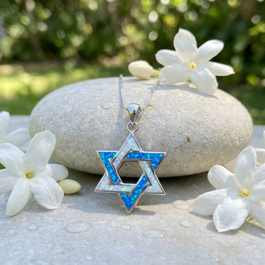 Blue and White Opal Star of David Necklace